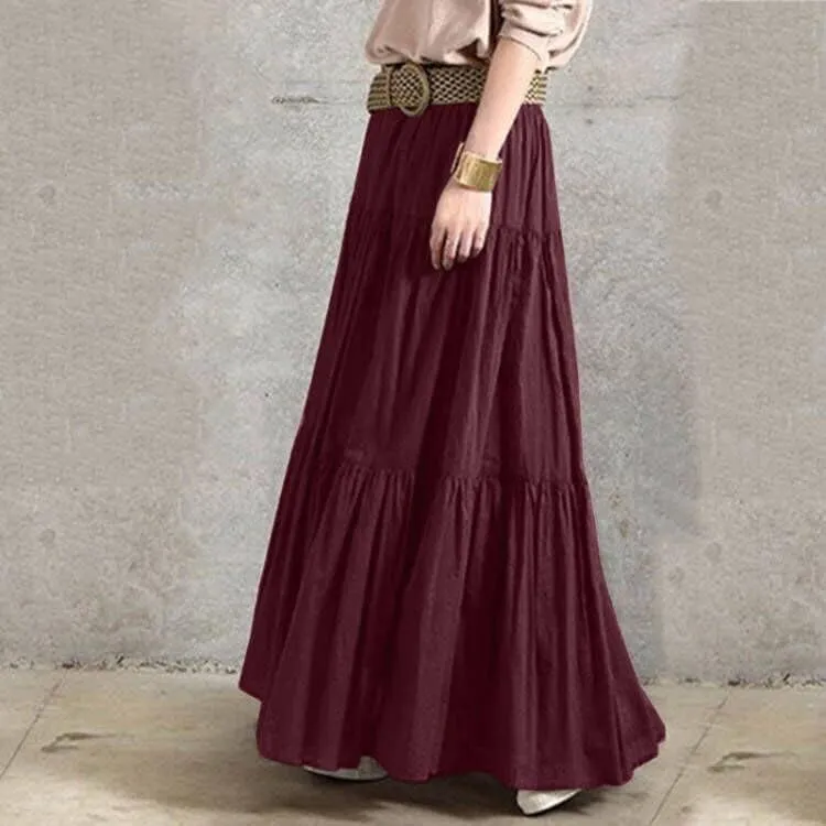 Women's Bohemian Cotton Linen Maxi Skirt Summer Flowy Casual Elastic Waist Tiered Beach Vacation Long Skirt