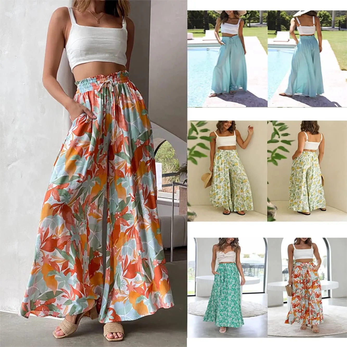 Women's Boho Casual Wide Leg Flowy Pants Elastic High Waist Loose Comfy Yoga Athletic Lounge Trousers with Pockets