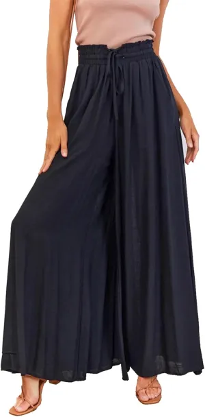 Women's Boho Casual Wide Leg Flowy Pants Elastic High Waist Loose Comfy Yoga Athletic Lounge Trousers with Pockets