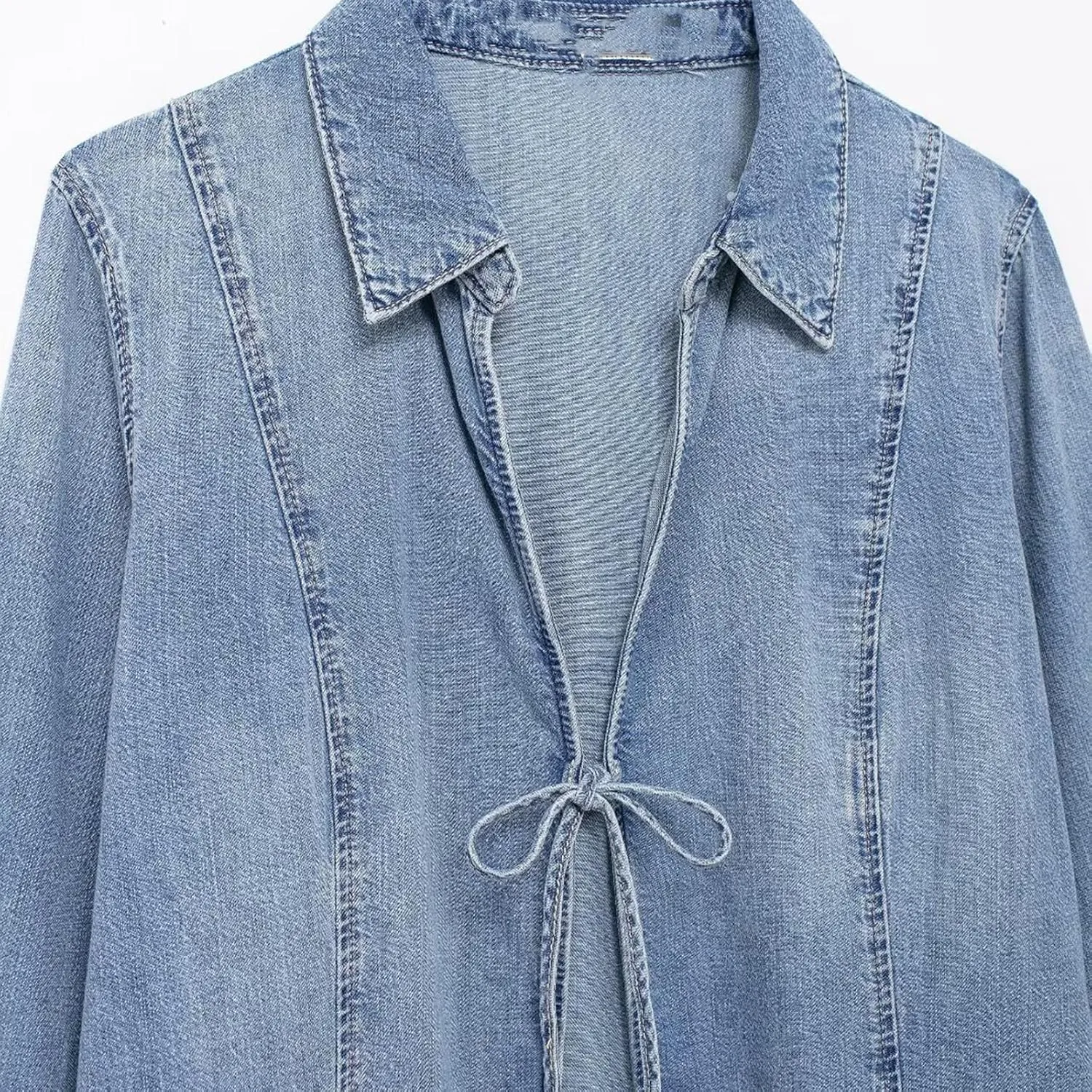 Women's Bow Open Front Denim Shirt Coats Vintage Relax Fit Long Sleeve Jacket Casual Jean Shirt