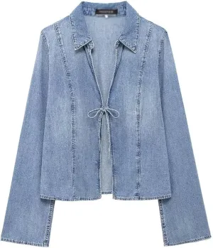 Women's Bow Open Front Denim Shirt Coats Vintage Relax Fit Long Sleeve Jacket Casual Jean Shirt