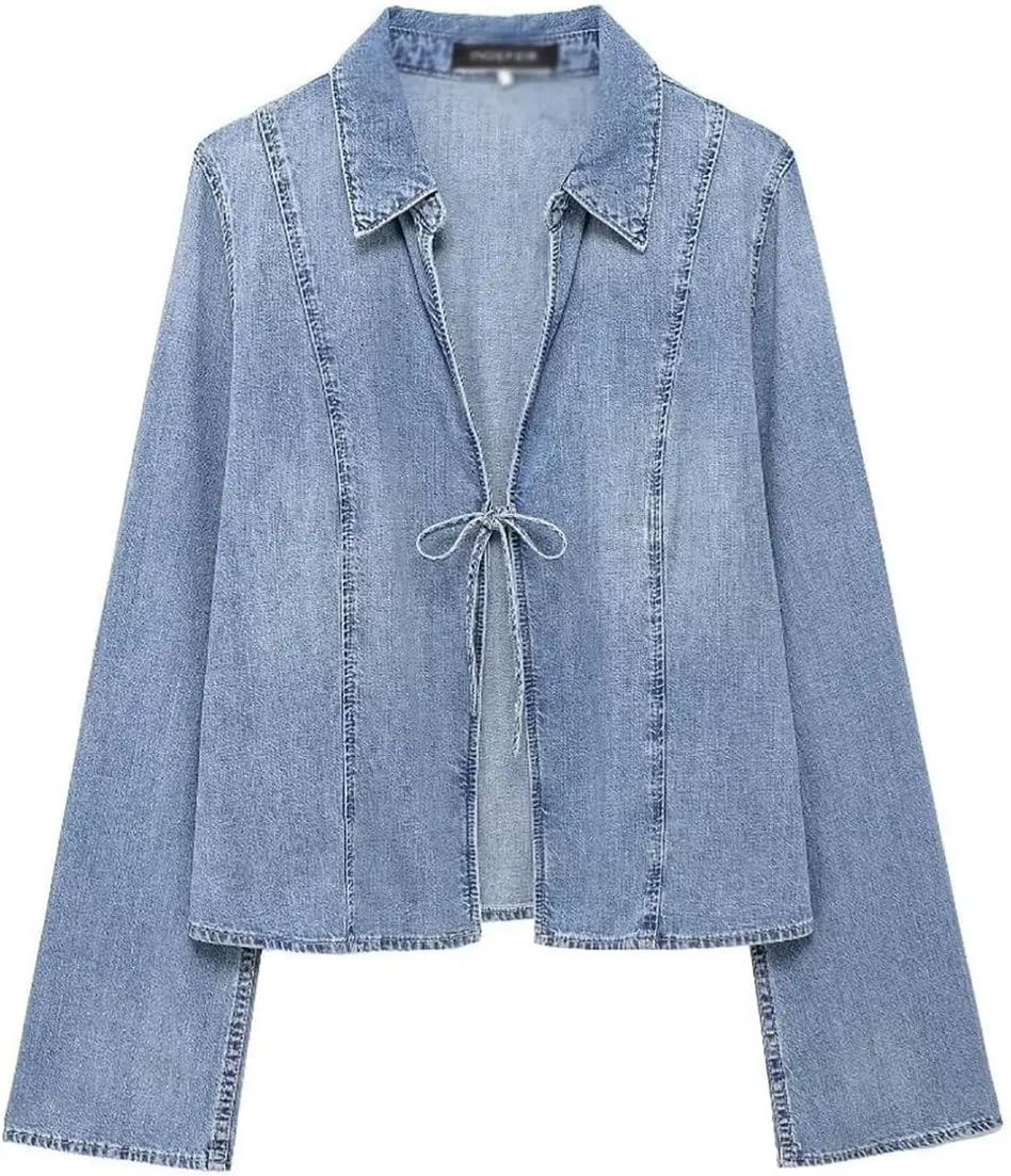 Women's Bow Open Front Denim Shirt Coats Vintage Relax Fit Long Sleeve Jacket Casual Jean Shirt