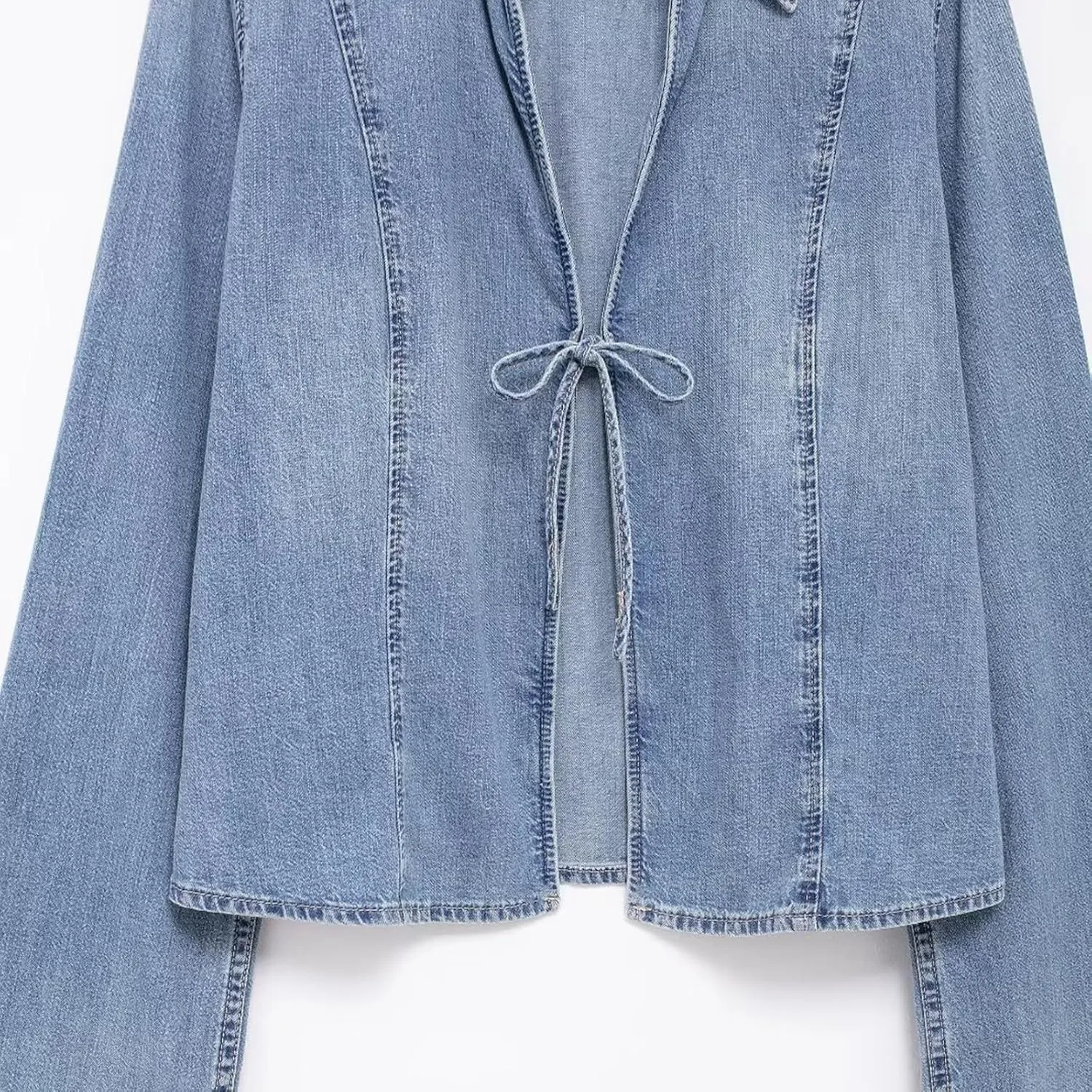 Women's Bow Open Front Denim Shirt Coats Vintage Relax Fit Long Sleeve Jacket Casual Jean Shirt
