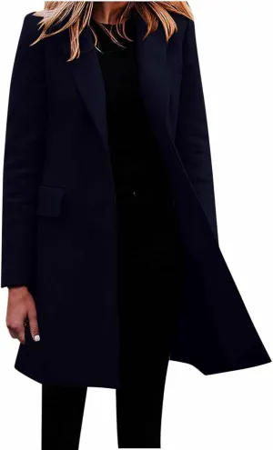 Womens Business Blazers Wool Blend Flannel Suit Jackets Long Pea Trench Coats Open Front Cardigan Fall Winter Tops