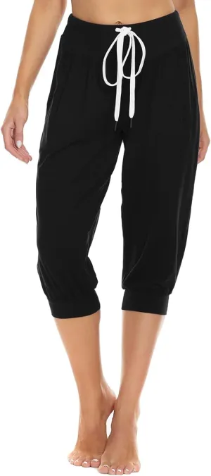 Women's Capri Harem Pants Printed High Waist Yoga Boho Trousers High Rise Wide Leg Cropped Beach Yoga Sweatpants with Pockets