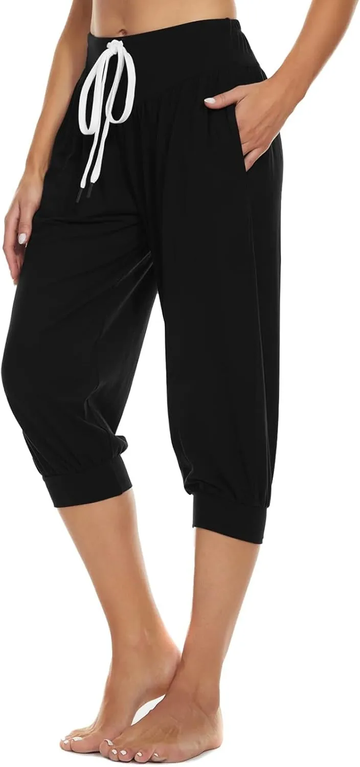 Women's Capri Harem Pants Printed High Waist Yoga Boho Trousers High Rise Wide Leg Cropped Beach Yoga Sweatpants with Pockets