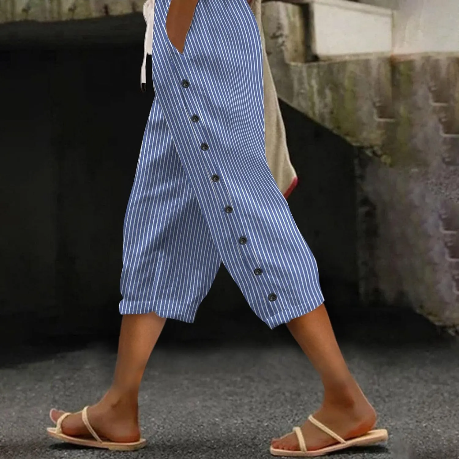 Womens Capris Pants High Waist Drawstring Comfy Casual Pants Casua Lightweight Loose Buttons Trousers with Pockets