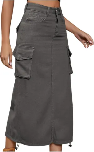 Womens Cargo Denim Maxi Skirt Trendy High Waist A-Line Frayed Drawstring Hem Fashion Long Jean Skirt Y2K Streetwear