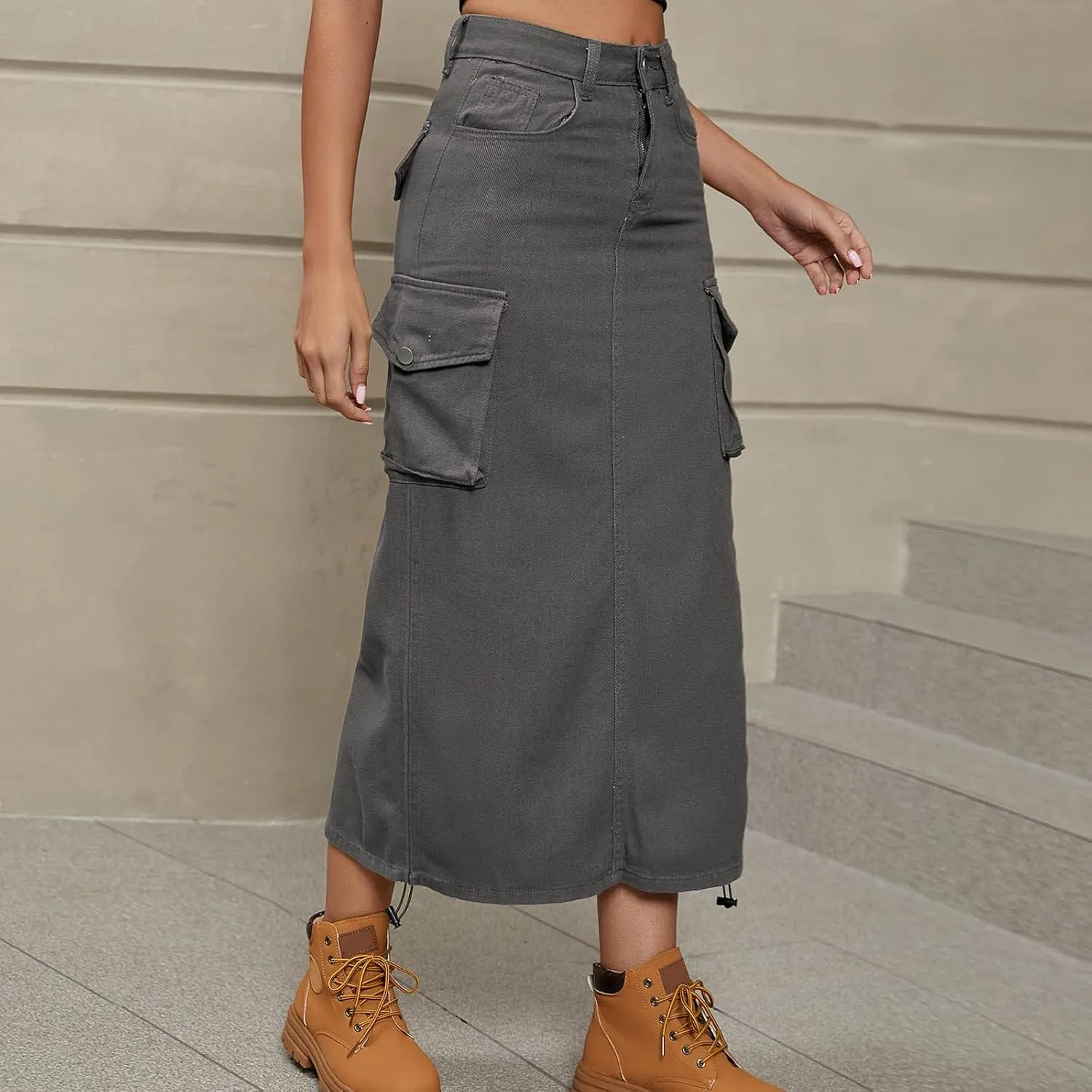Womens Cargo Denim Maxi Skirt Trendy High Waist A-Line Frayed Drawstring Hem Fashion Long Jean Skirt Y2K Streetwear