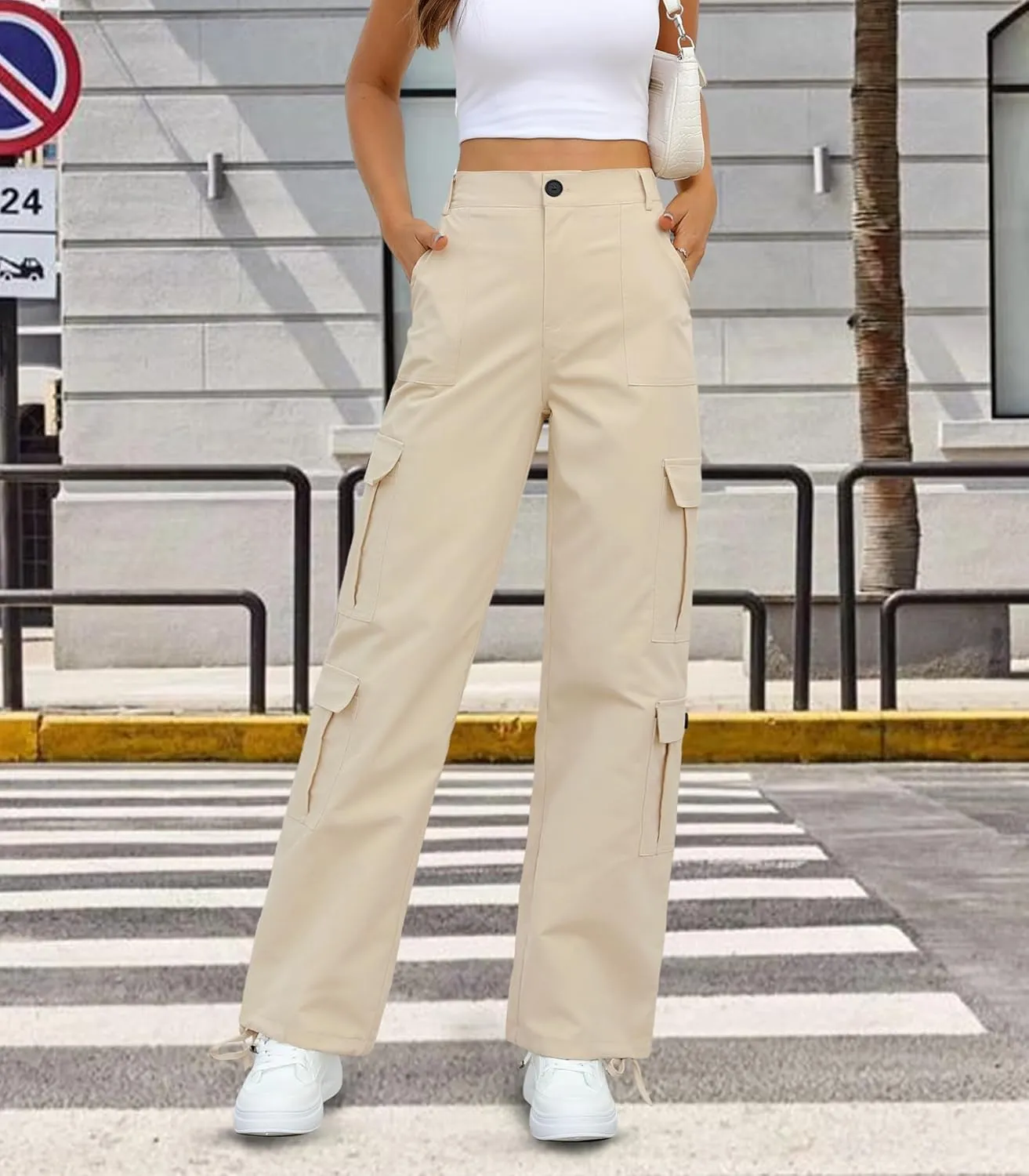 Womens Cargo Pants High Waisted Wide Leg Casual Pants Baggy Y2k Trousers with 8 Pockets