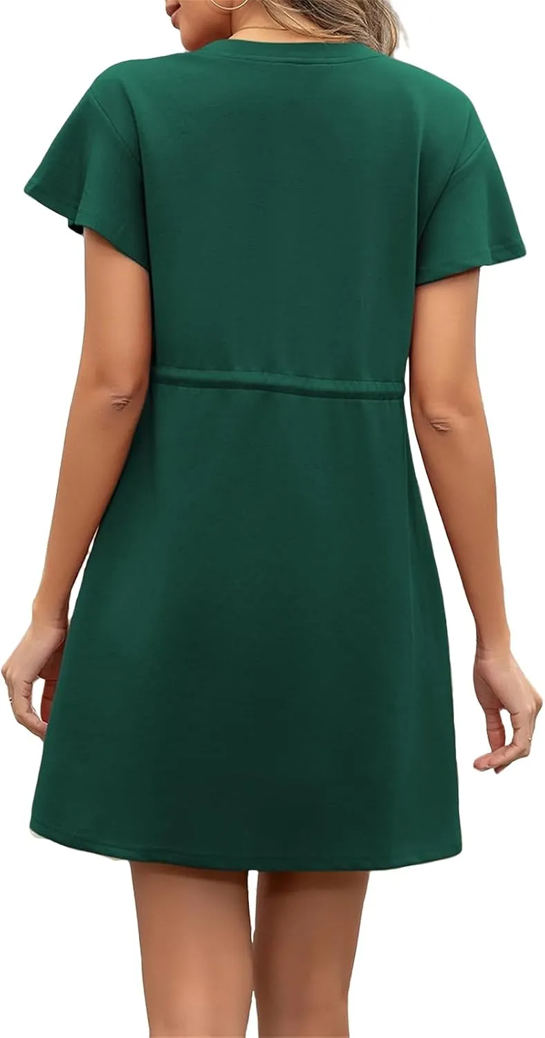 Women's Casual Dresses Ruffle Short Sleeve Crewneck Shirt Dress Drawstring Tunic Shirt Mini Sundress with Pockets