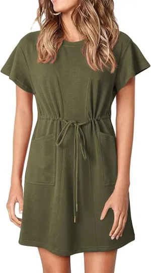 Women's Casual Dresses Ruffle Short Sleeve Crewneck Shirt Dress Drawstring Tunic Shirt Mini Sundress with Pockets