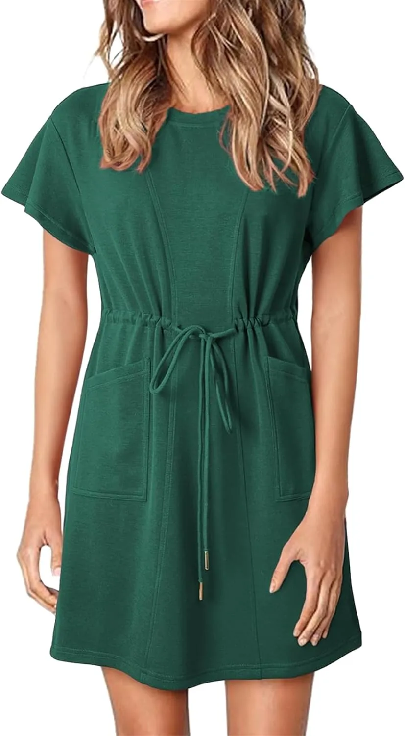 Women's Casual Dresses Ruffle Short Sleeve Crewneck Shirt Dress Drawstring Tunic Shirt Mini Sundress with Pockets