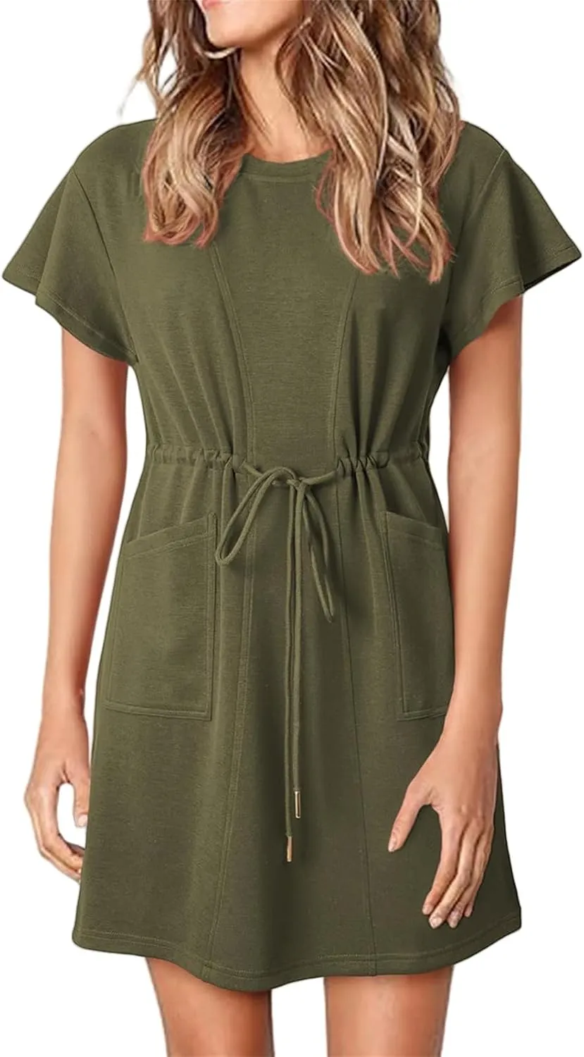 Women's Casual Dresses Ruffle Short Sleeve Crewneck Shirt Dress Drawstring Tunic Shirt Mini Sundress with Pockets