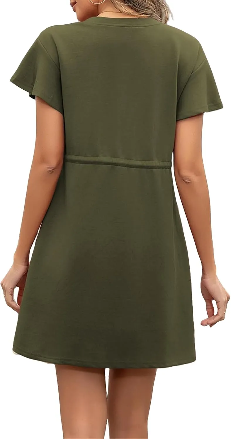 Women's Casual Dresses Ruffle Short Sleeve Crewneck Shirt Dress Drawstring Tunic Shirt Mini Sundress with Pockets