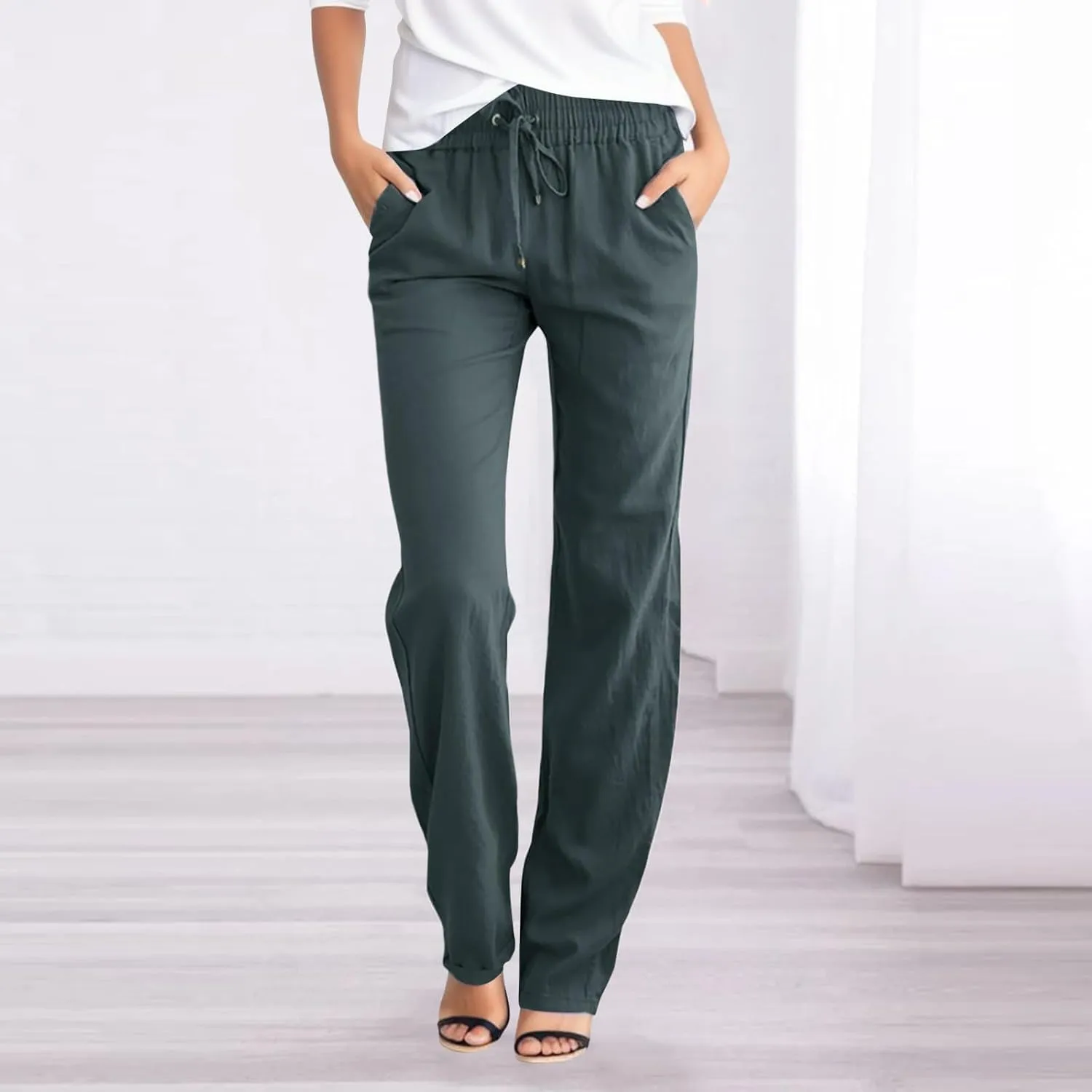 Womens Casual Linen High Waist Pants Drawstring Loose Fit Summer Pants Trousers with Side Pockets