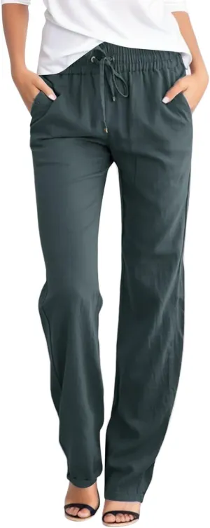 Womens Casual Linen High Waist Pants Drawstring Loose Fit Summer Pants Trousers with Side Pockets