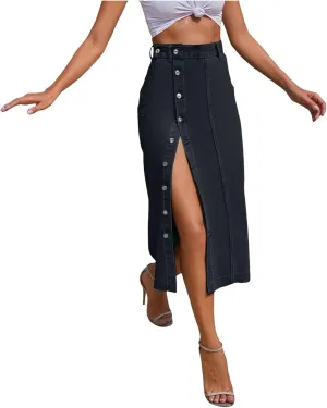 Women's Casual Slit Midi Denim Skirt High Waisted Button Front Split Slim Fit Pencil Jean Skirts