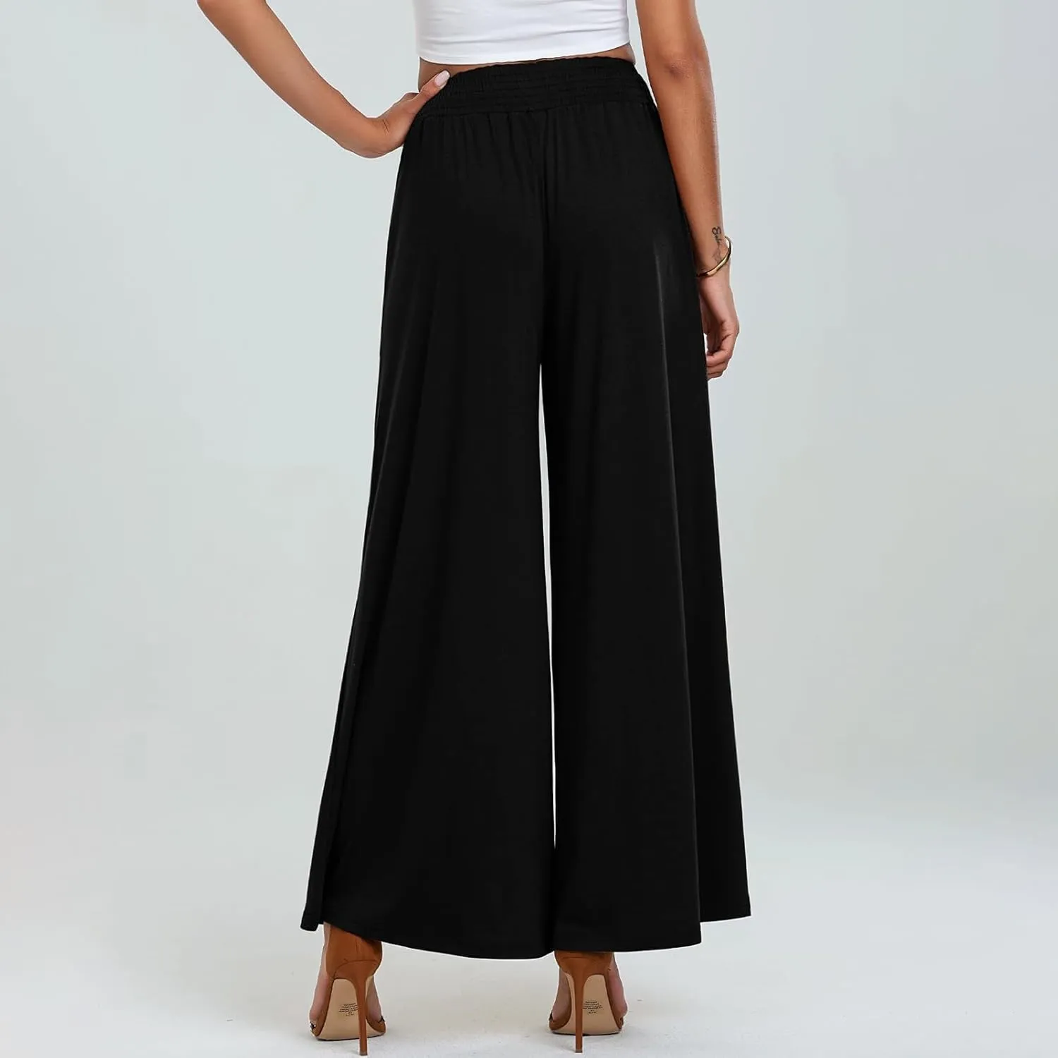 Women's Casual Wide Leg Pants Elastic High Waist Loose Lounge Pant Baggy Flowy Trouser with Pockets