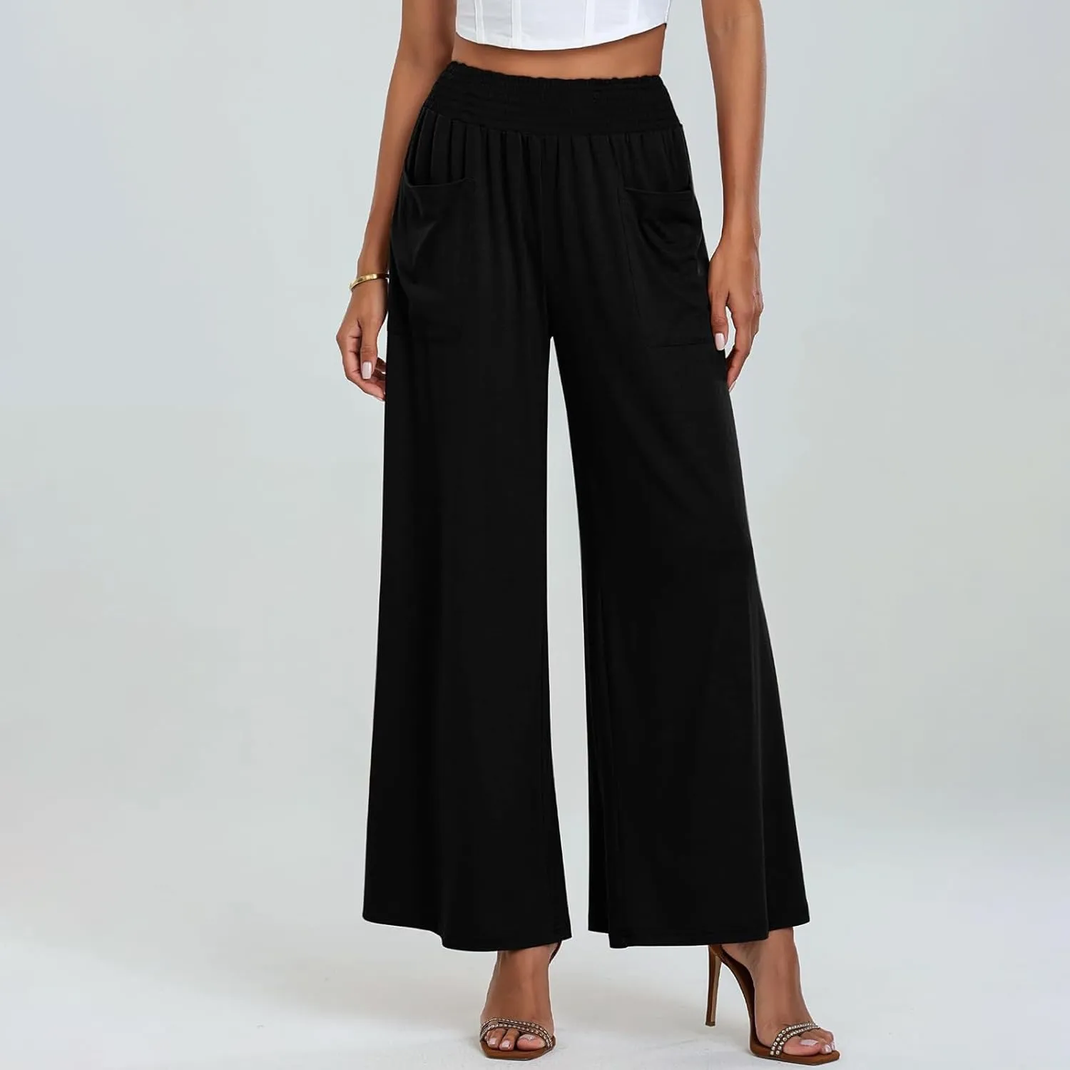 Women's Casual Wide Leg Pants Elastic High Waist Loose Lounge Pant Baggy Flowy Trouser with Pockets