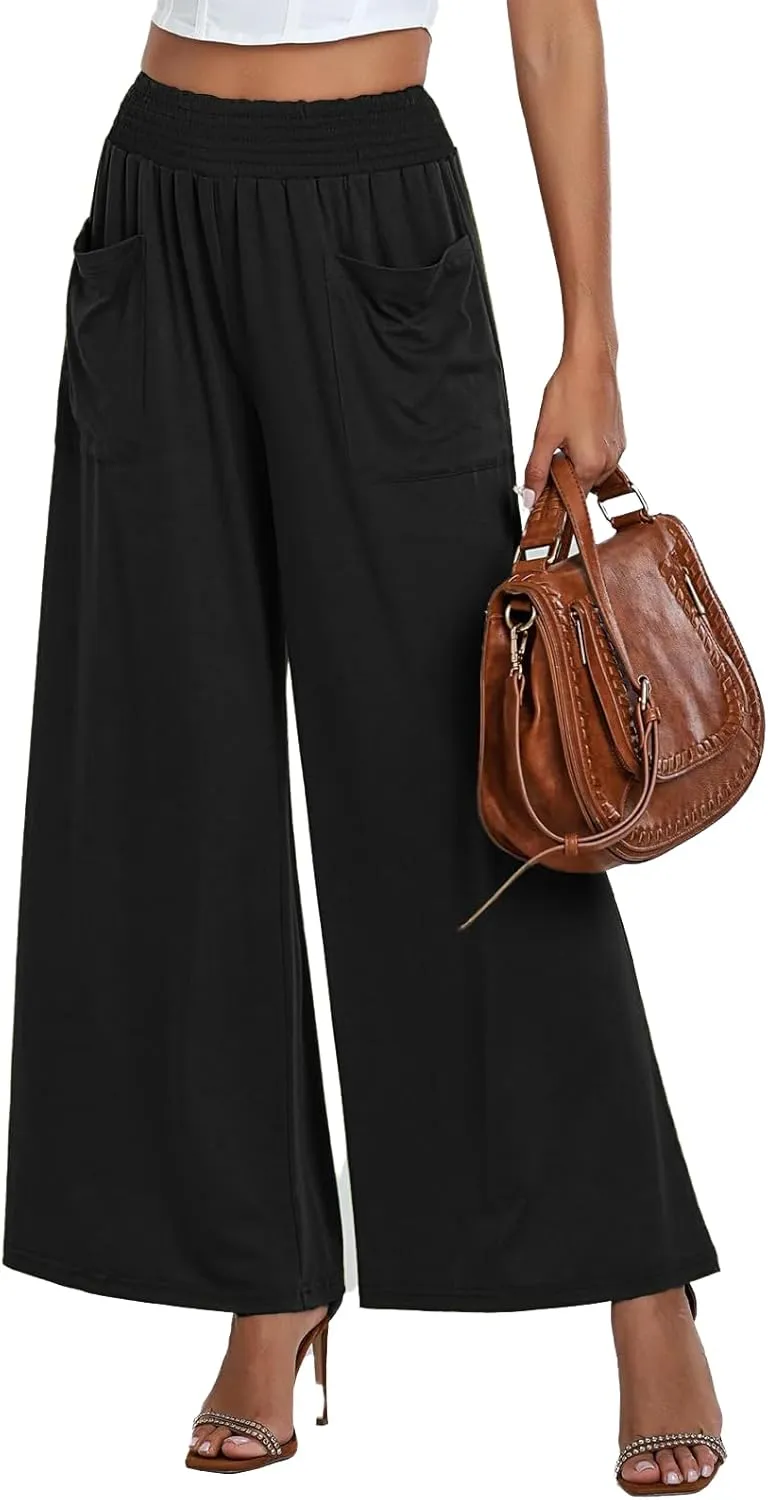 Women's Casual Wide Leg Pants Elastic High Waist Loose Lounge Pant Baggy Flowy Trouser with Pockets