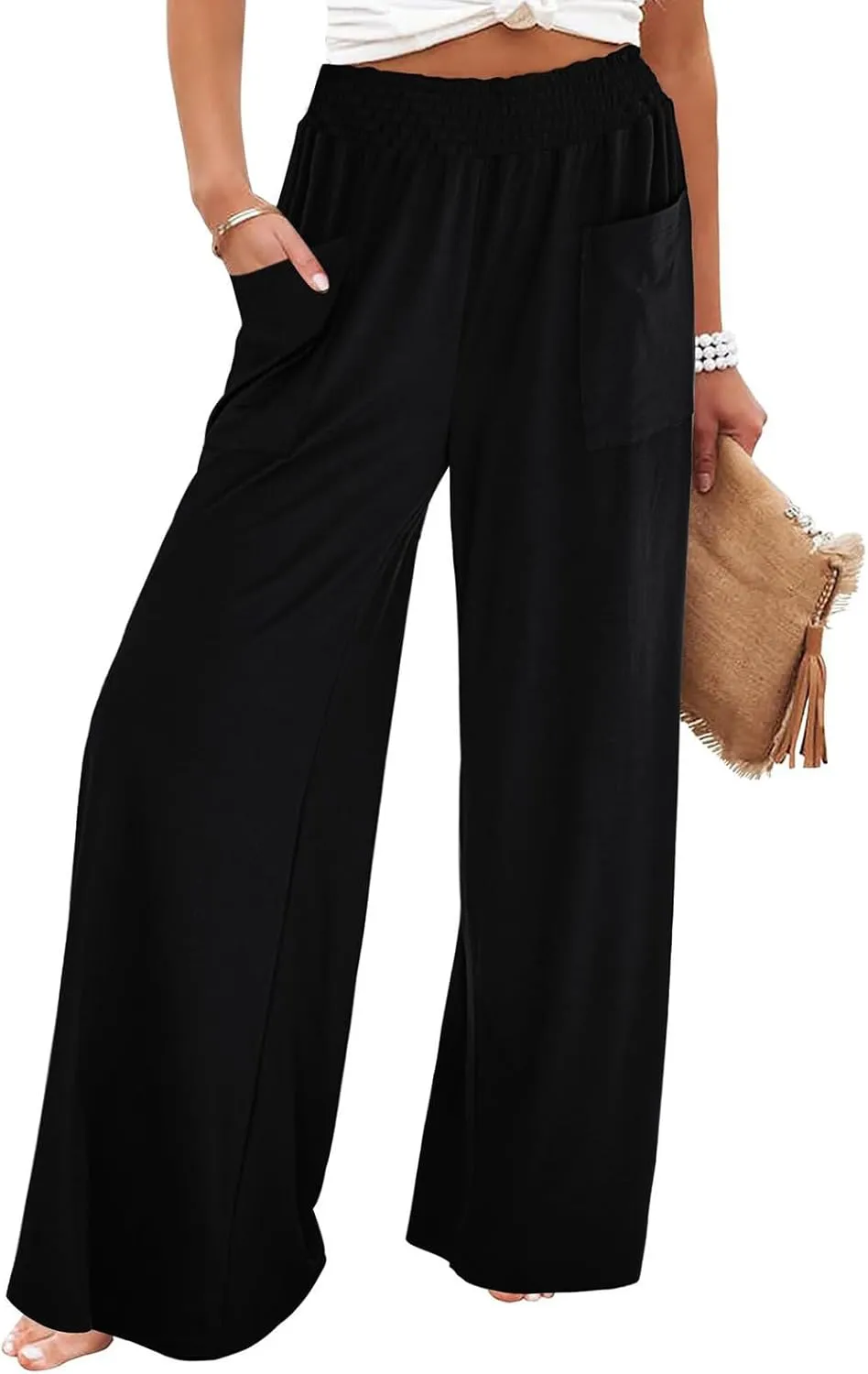 Women's Casual Wide Leg Pants Elastic High Waist Loose Lounge Pant Baggy Flowy Trouser with Pockets