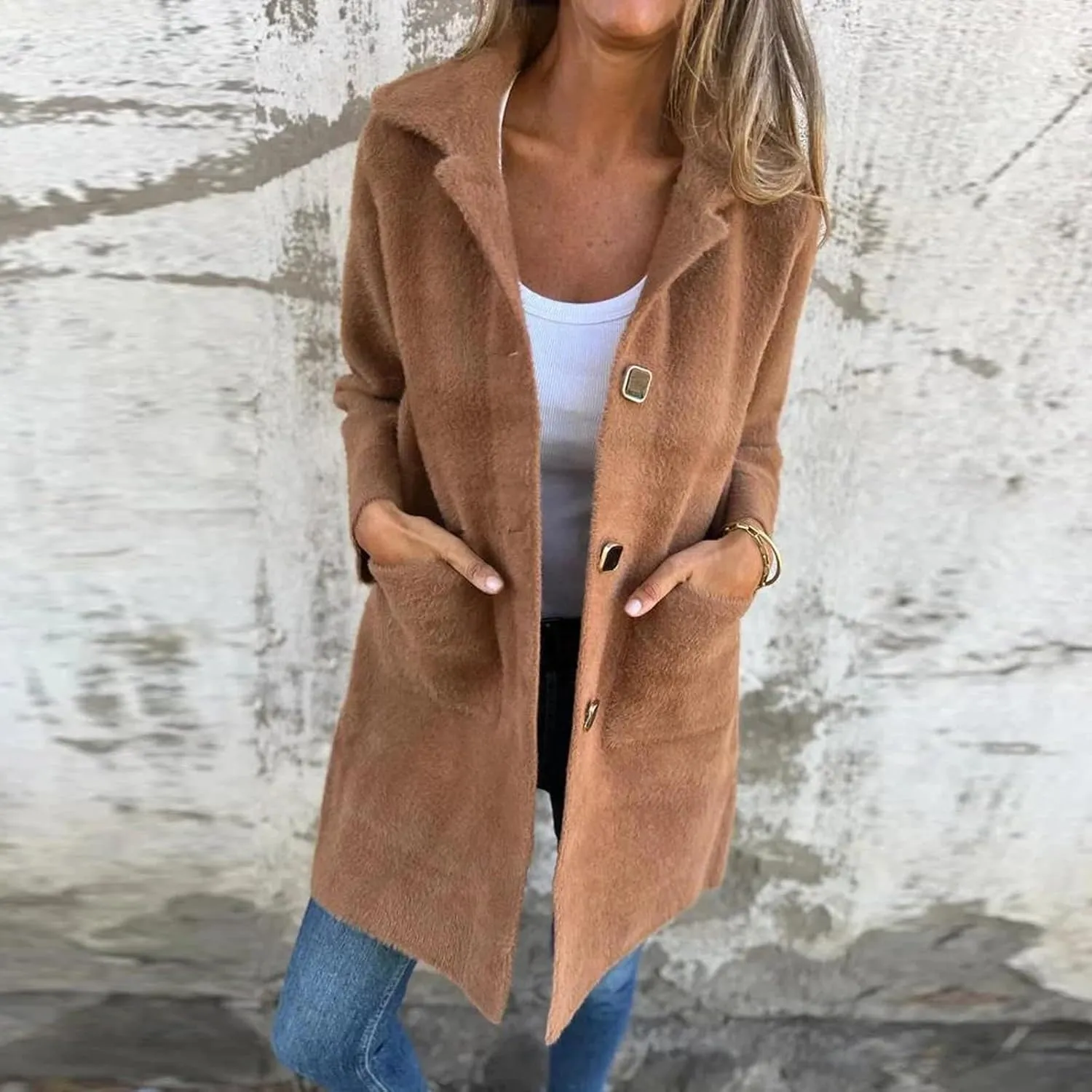 Womens Coats Long Sleeve Lapel Winter Coat for Women 2024 Pea Coat Fall Casual Coats Jacket Outerwear with Pockets