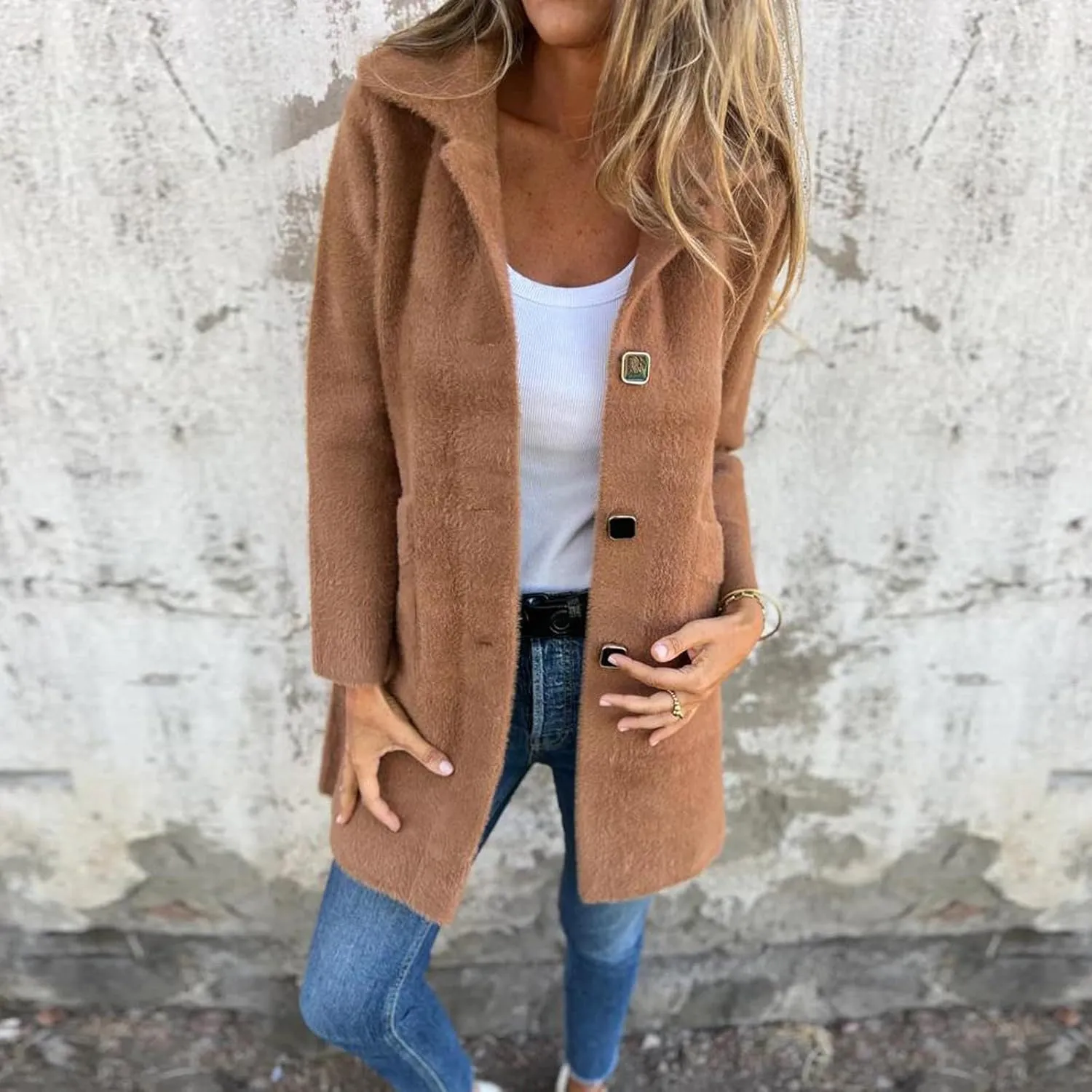 Womens Coats Long Sleeve Lapel Winter Coat for Women 2024 Pea Coat Fall Casual Coats Jacket Outerwear with Pockets