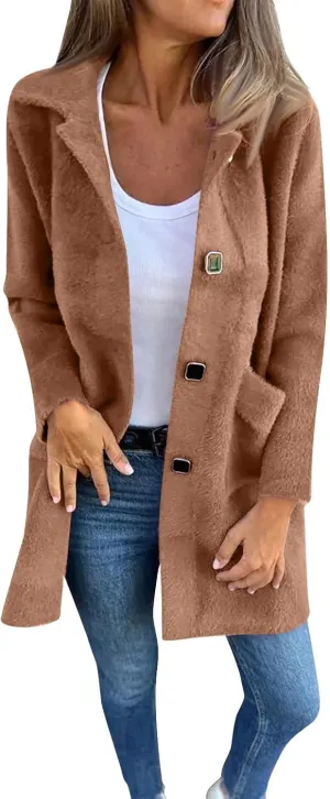 Womens Coats Long Sleeve Lapel Winter Coat for Women 2024 Pea Coat Fall Casual Coats Jacket Outerwear with Pockets