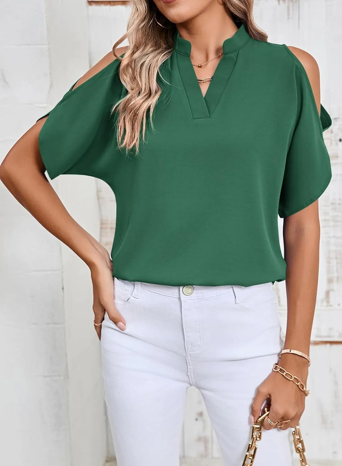 Women's Cold Shoulder Tops Summer Fashion Short Sleeve V Neck Casual Loose Solid Color Blouse Shirts