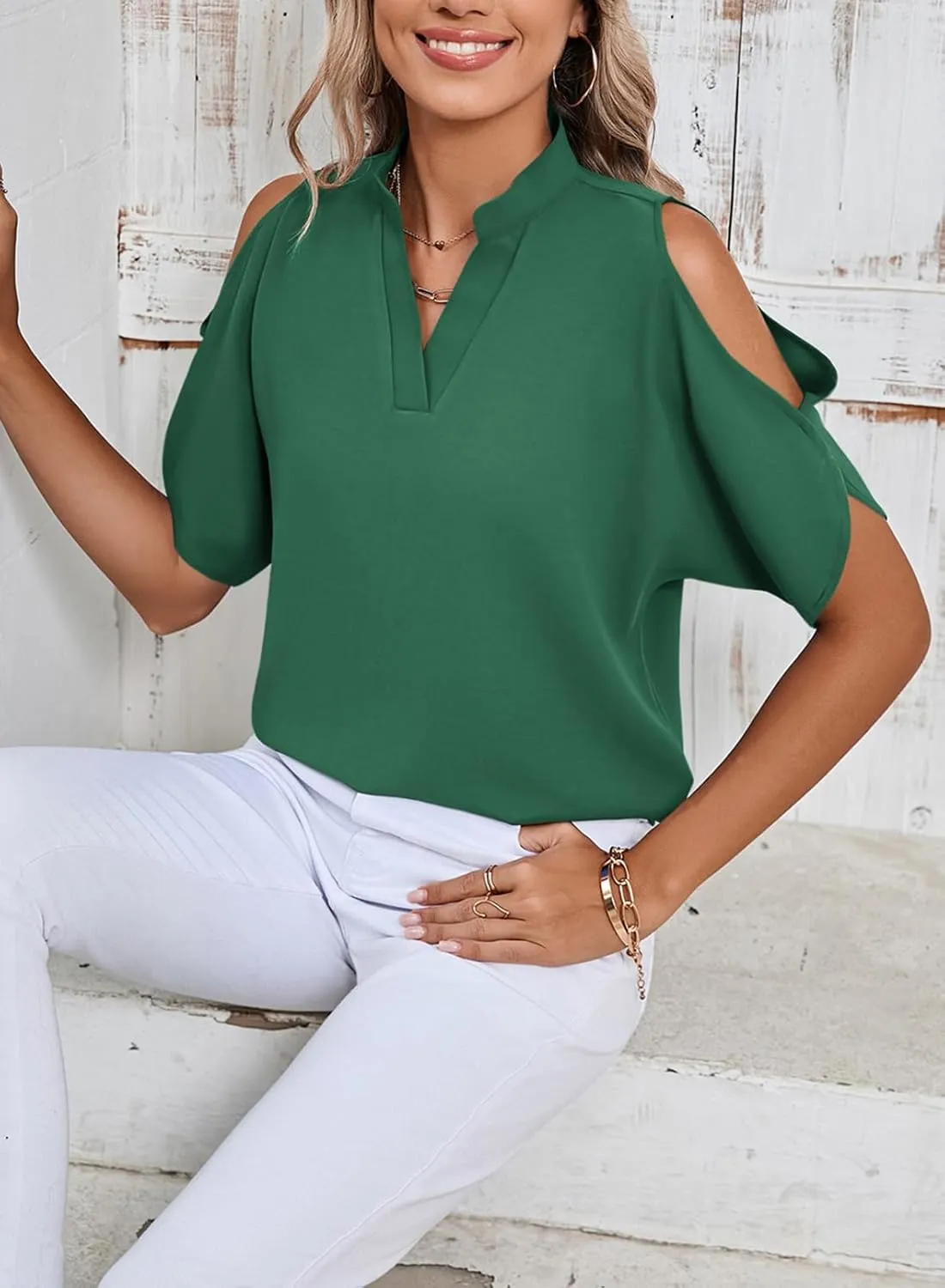 Women's Cold Shoulder Tops Summer Fashion Short Sleeve V Neck Casual Loose Solid Color Blouse Shirts