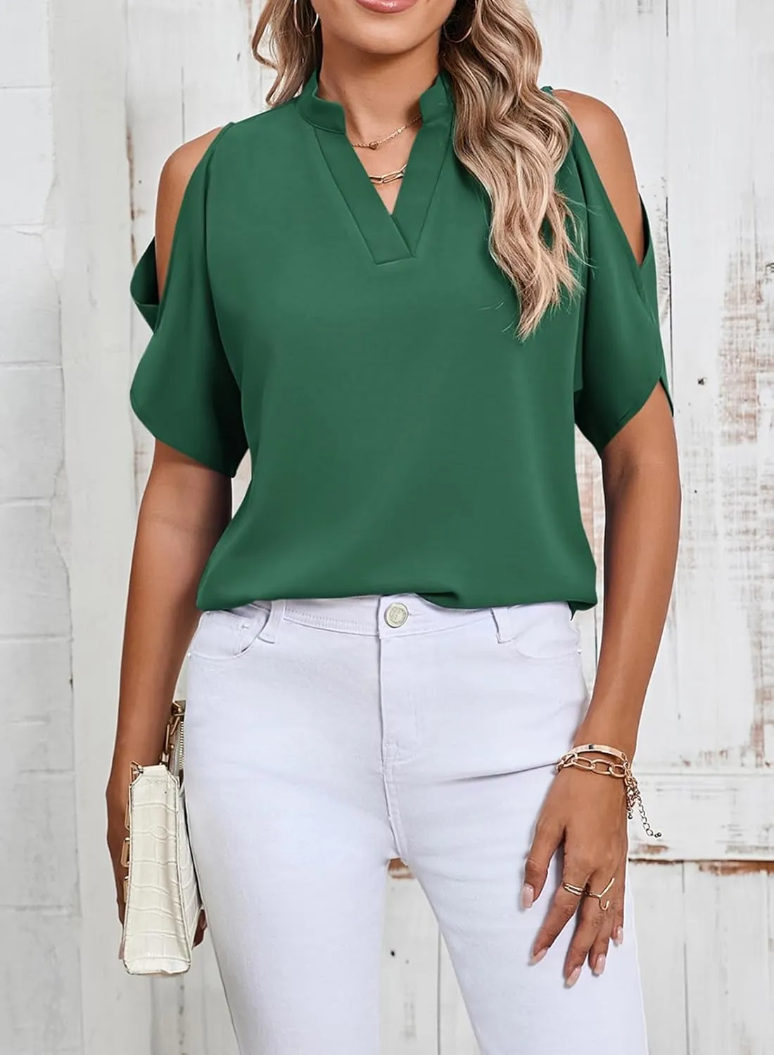 Women's Cold Shoulder Tops Summer Fashion Short Sleeve V Neck Casual Loose Solid Color Blouse Shirts