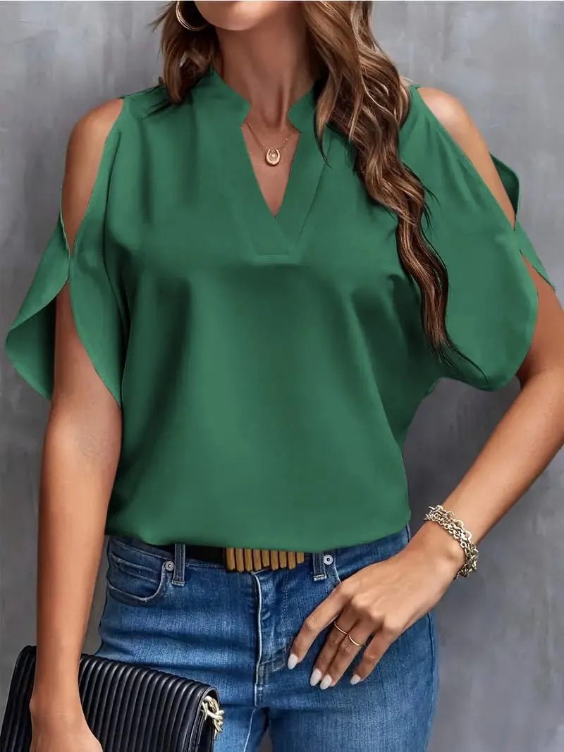 Women's Cold Shoulder Tops Summer Fashion Short Sleeve V Neck Casual Loose Solid Color Blouse Shirts