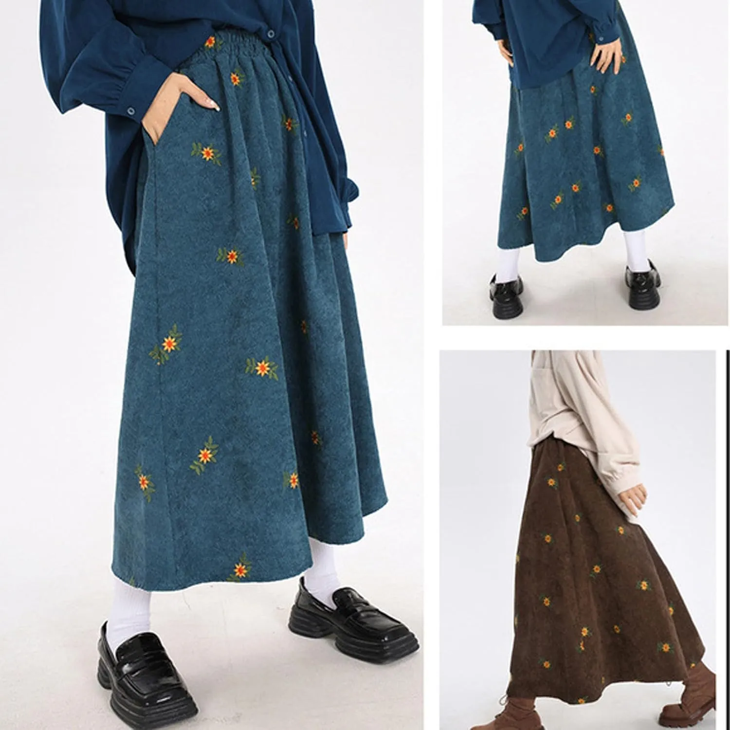 Womens Corduroy Floral Embroidery Long Skirts,A-Line Midi Long Corduroy SkirtNo Pockets