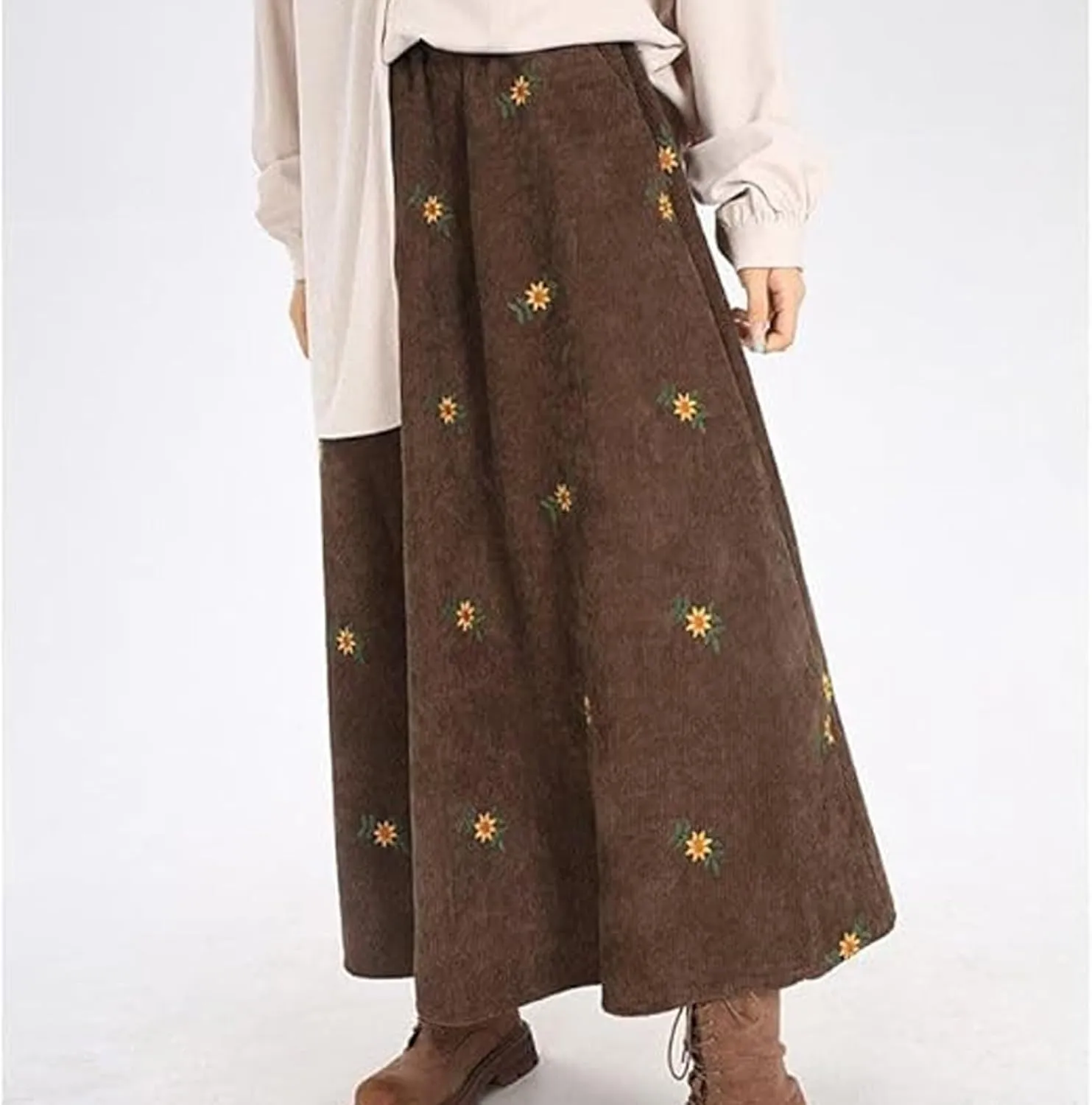 Womens Corduroy Floral Embroidery Long Skirts,A-Line Midi Long Corduroy SkirtNo Pockets