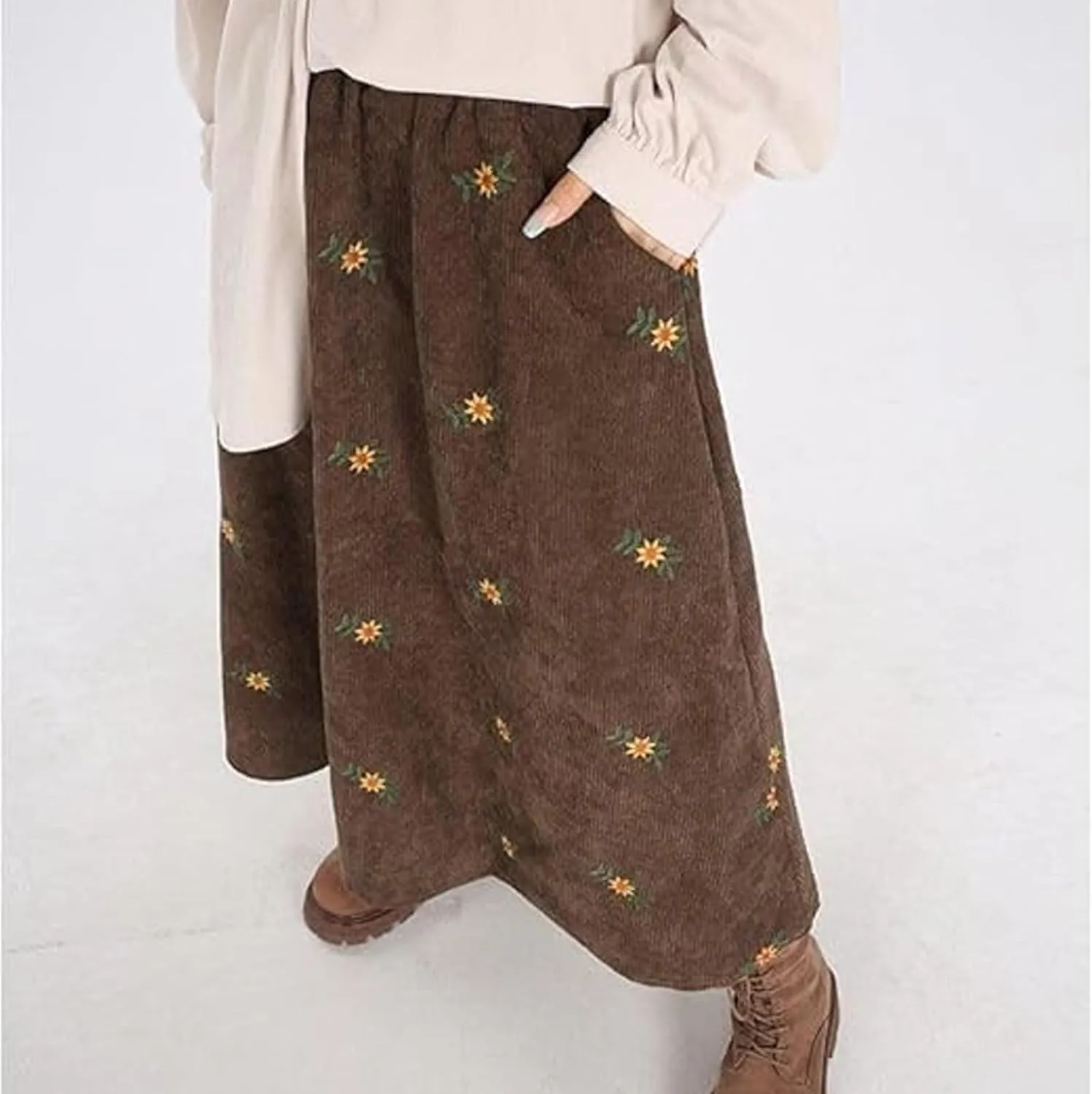 Womens Corduroy Floral Embroidery Long Skirts,A-Line Midi Long Corduroy SkirtNo Pockets
