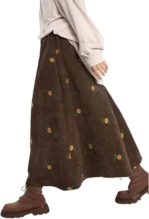 Womens Corduroy Floral Embroidery Long Skirts,A-Line Midi Long Corduroy SkirtNo Pockets