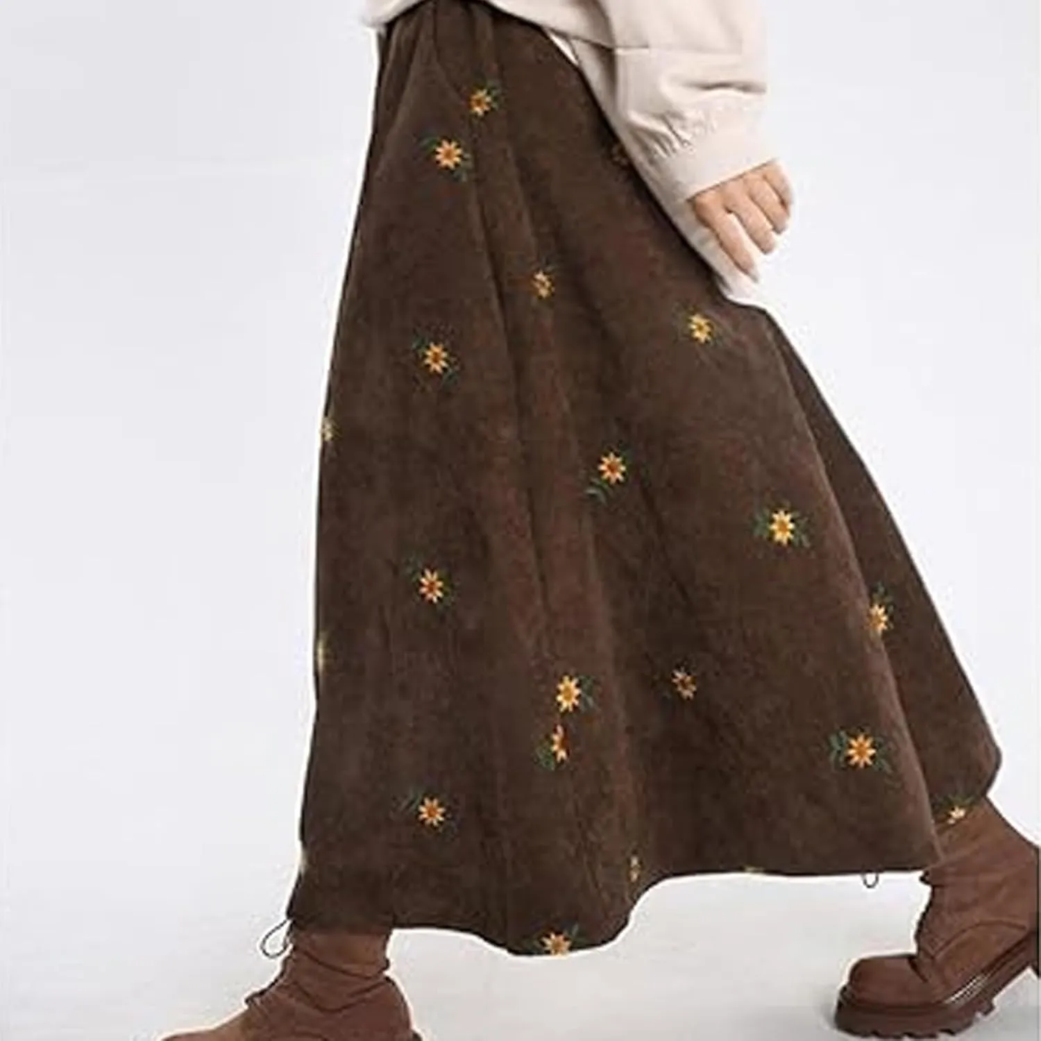Womens Corduroy Floral Embroidery Long Skirts,A-Line Midi Long Corduroy SkirtNo Pockets
