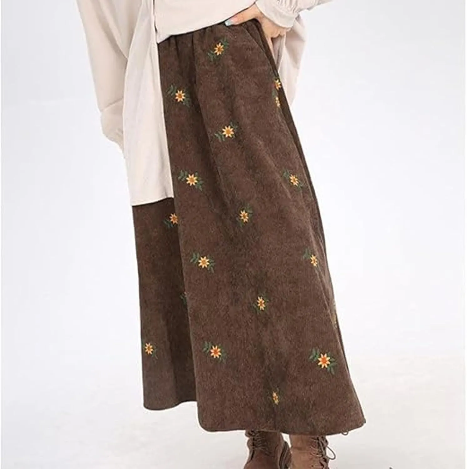 Womens Corduroy Floral Embroidery Long Skirts,A-Line Midi Long Corduroy SkirtNo Pockets
