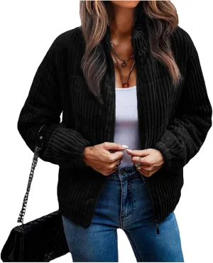 Womens Corduroy Puffer Jacket Zip Up Long Sleeve Jacket Stand Collar Ribbed Quilted Jacket Padded Winter Warm Coat