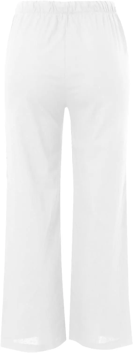 Womens Cotton Linen Wide Leg Pants Palazzo Flowy Pants Summer Elastic High Waist Beach Pants Comfy Pants with Pockets