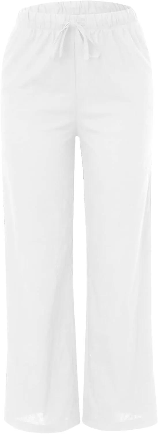Womens Cotton Linen Wide Leg Pants Palazzo Flowy Pants Summer Elastic High Waist Beach Pants Comfy Pants with Pockets