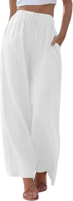 Womens Cotton Linen Wide Leg Pants Palazzo Flowy Pants Summer Elastic High Waist Beach Pants Comfy Pants with Pockets