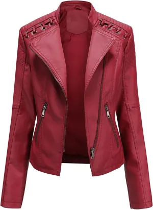 Womens Cropped Faux Leather Jackets Plus Size Slim Fit Moto Bike Coats Lapel Fashion Zipper Motorcycle Suit Jacket