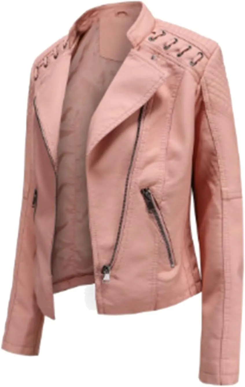 Womens Cropped Faux Leather Jackets Plus Size Slim Fit Moto Bike Coats Lapel Fashion Zipper Motorcycle Suit Jacket