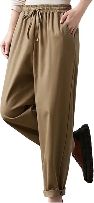 Women's Drawstring Harem Pant, Solid Color Loose Cotton Linen Casual Pants Summer Going Out Vacation Pockets Trousers