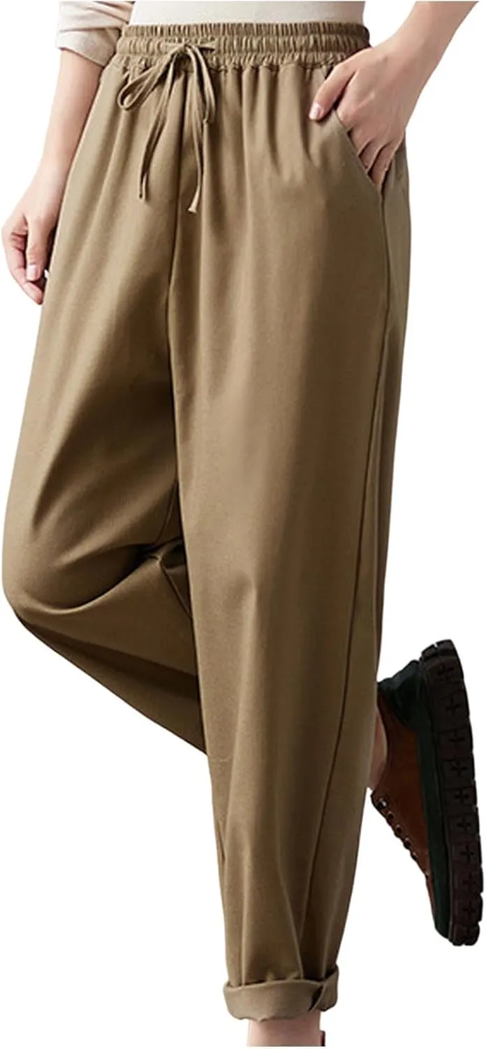 Women's Drawstring Harem Pant, Solid Color Loose Cotton Linen Casual Pants Summer Going Out Vacation Pockets Trousers