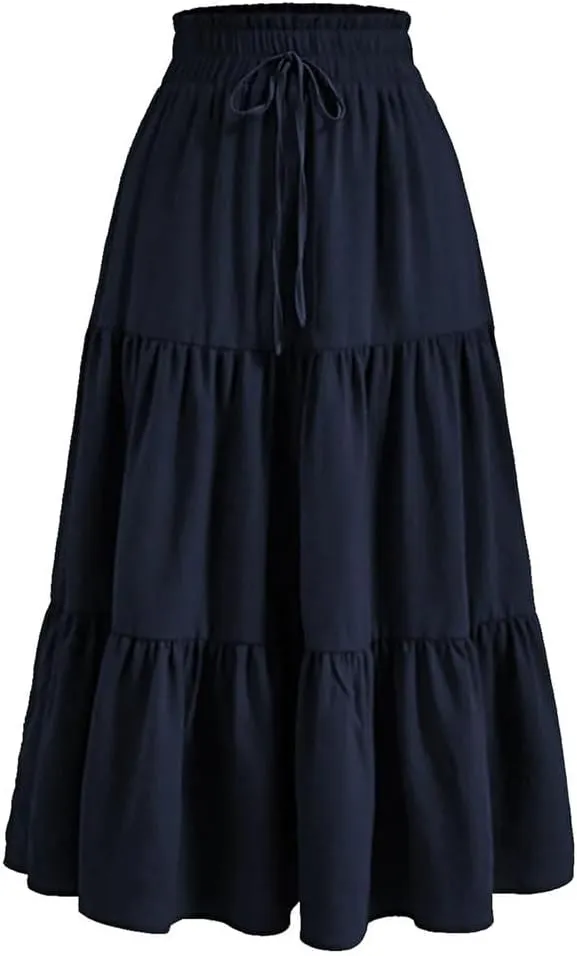 Women's Elastic High Waist Pleated A-Line Skirts Vintage Casual Maxi Skirt Women Daily Work Skirt