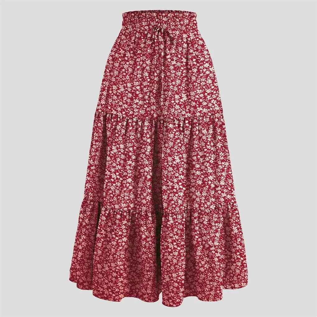 Women's Elastic High Waist Pleated A-Line Skirts Vintage Casual Maxi Skirt Women Daily Work Skirt