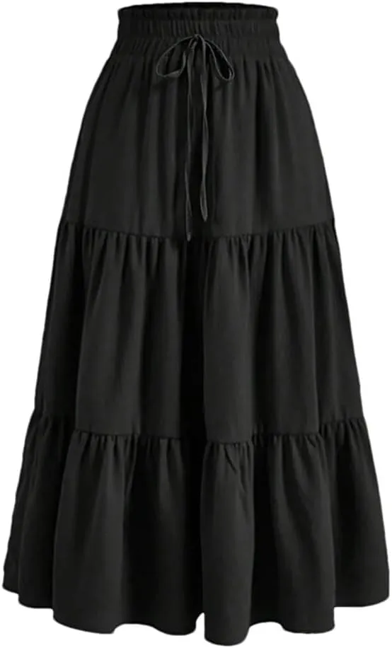 Women's Elastic High Waist Pleated A-Line Skirts Vintage Casual Maxi Skirt Women Daily Work Skirt